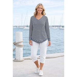 Fresh Produce Cotton Navy Stripe V Neck Top Long Sleeve Casual Women M